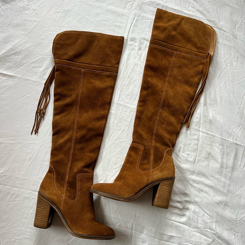 Brown suede knee-high boots with a boho vibe. Franco Sarto leather boots